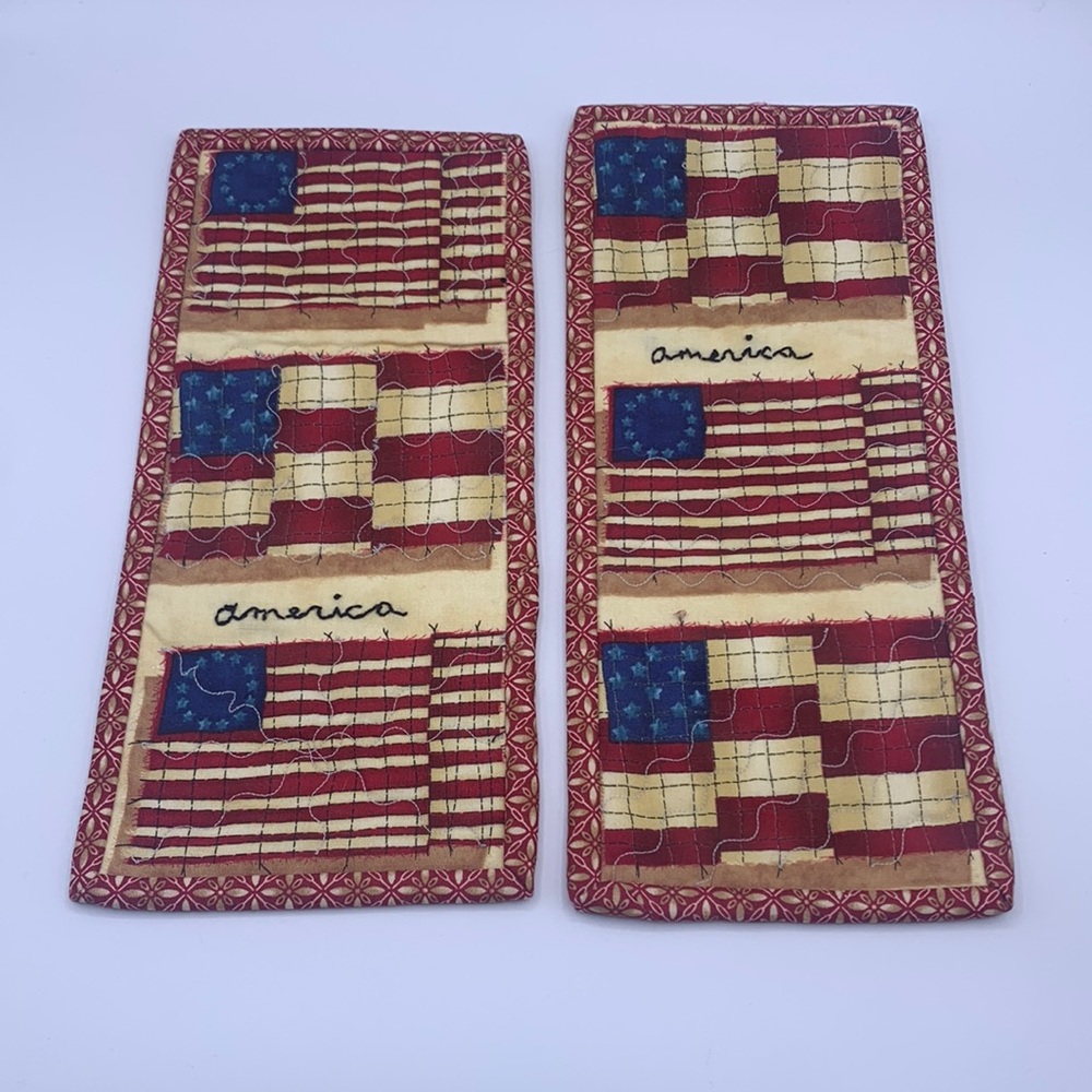 Two Handmade Mini Red White Blue Quilted America Needlework Wall Art Flags